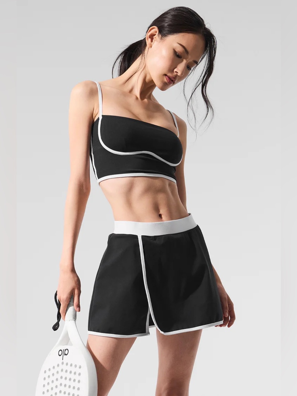 Alo yoga black white airbrush streamlined matching bra tank & skirt set S/XS